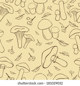 seamless pattern with berries and mushrooms on a beige background