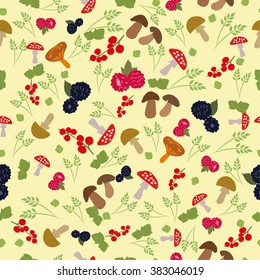 Seamless pattern with berries and mushrooms for wallpaper, scrapbook, fabric, background. Pattern with cute cartoon berries and mushrooms. Color vector pattern with berry. 