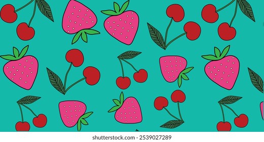 Patrón sin fisuras de bayas sobre un fondo brillante. Repitiendo Elementos de cereza y fresa. Ilustración vectorial.