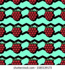 Seamless pattern with berries on cyan background with black stripes. Endless vector background with summer fruits. Design for kitchen or garden print, texture. 