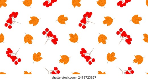 Seamless pattern with berries and orange viburnum leaves on a white background for textile, fabric, wrapping paper