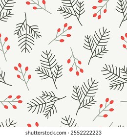 Seamless pattern with berries and pine branches background. Christmas texture for card, fabric, wrapping, textile, wallpaper, background, paper gift, scarf, phone case, wrapping.