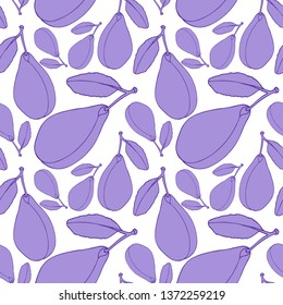 Seamless pattern. Berries and plum leaves. Contour drawing plum. Flat fill elements. Uniform distribution of berries on a white background. New crop.