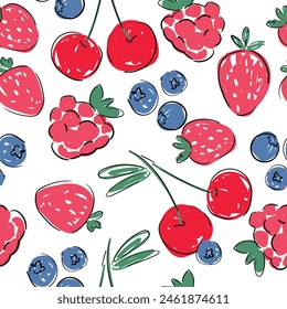 Seamless pattern Berries, Raspberrie, Blueberry, Strawberry and Cherry  vector illustration. Sketch Hand Drawn 