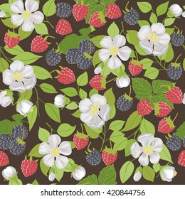 Seamless pattern with berries raspberries, blackberries, and white flowers. Vector repeating pattern with berries and white flowers.