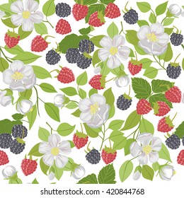 Seamless pattern with berries raspberries, blackberries, and white flowers. Vector repeating pattern with berries and white flowers.