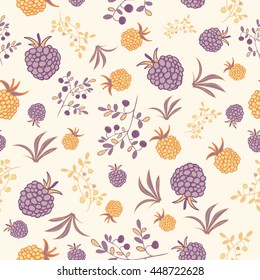 Seamless pattern with berries. Raspberry, blackberry, blueberry, bush and branch elements. Light colors.  Usable for wrapping, textile.