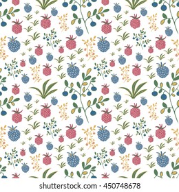 Seamless pattern with berries. Raspberry, blackberry, blueberry, bush and branch elements.  Usable for wrapping, textile.