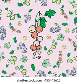 Seamless pattern with berries. Red currants in the center. Bright colors. Usable for wrapping, textile, paper.