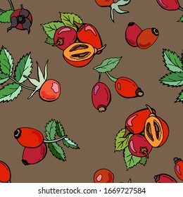   Seamless pattern of berries and rosehip leaves. Cartoon style illustration. Design for wallpaper, fabric, textile, postcards, packaging, website.