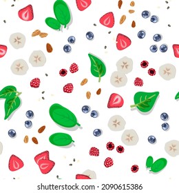 Seamless pattern from berries and seeds Healthy eating Proper nutrition. Berries: strawberries, raspberries, blueberries. Chia, almonds, sesame seeds Vitamins Vector stock illustration Branch. Banana