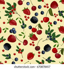 Seamless pattern of berries. Slices of blueberries, cranberries, lingonberries, cherries and strawberries.