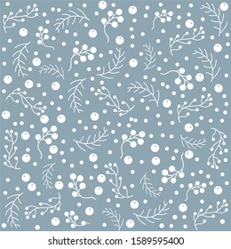 Seamless pattern with berries and spruce branches on a blue background. Winter Collection