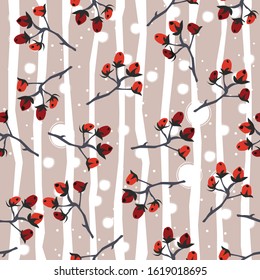 Seamless pattern with berries and spruce branches on a subtle background. Vector illustration.