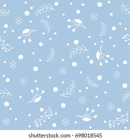 Seamless pattern with berries and spruce branches on a blue background. Vector illustration.Winter Collection