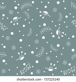 Seamless pattern with berries and spruce branches on a green background. Vector illustration.Winter Collection