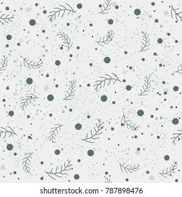Seamless pattern with berries and spruce branches on a blue background. Vector illustration.