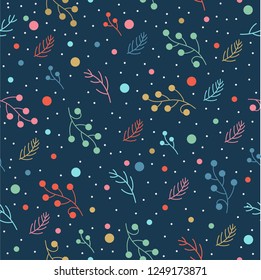 Seamless pattern with berries, stars, branches and leaves. Colored seamless pattern.