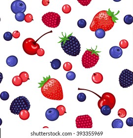 Seamless Pattern with  Berries. Strawberry, Blackberry, Cherry, Raspberry, Blueberry, Redcurrant (red currant) Seamless Texture