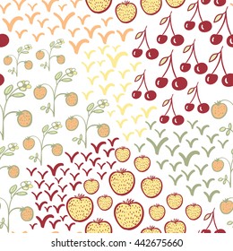 Seamless pattern with berries. Strawberry, cherry, flower and leaves elements. Summer motif. Warm colors. Usable for wrapping, textile.