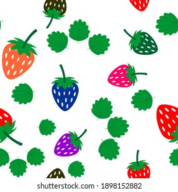 Seamless pattern with berries and strawberry flowers with leaves on a white background. Design for textiles, posters, labels. Vector illustration. EPS 10.