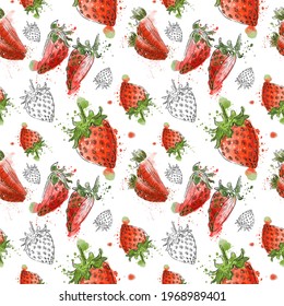 Patrón sin foco con bayas y hojas de fresa. Imitación de acuarelas. Impresión de verano para tela y accesorios de cocina. Dibujado a mano.