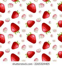 Seamless pattern with berries of strawberry on white background. Vector illustration. Template for kitchen design, packaging for food, paper, textiles.