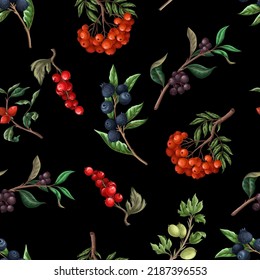 Seamless pattern with berries, such as rowan, blueberries and other. Vector