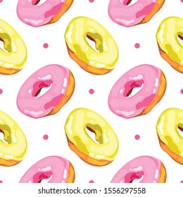 
Seamless pattern with berry and banana donuts on a white background. Tasty and bright donut. Wallpaper, print, textile design, paper, packaging, banner, poster. Vector illustration.