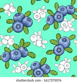 seamless pattern berry blueberry with leaves, contour outline, symbol of summer. design holiday greeting card and invitation of seasonal summer holidays, beach parties, tourism and travel