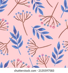 Seamless pattern with berry branches and doodle autumn leaves. Vector hand drawn illustration. 