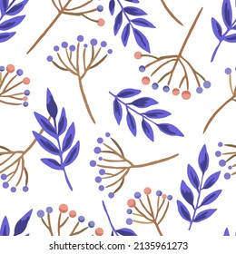 Seamless pattern with berry branches and doodle autumn leaves. Vector hand drawn illustration. 