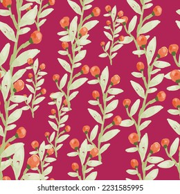 Seamless pattern with berry branches. Hand drawn wild berries floral wallpaper. Design for fabric, textile print, wrapping paper, cover. Vector illustration