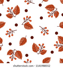 Seamless pattern of berry branches with orange leaves and brown spots on white background. Vector illustration.