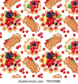 Seamless pattern - berry cakes with cream, decorated with lemon slices and green leaves, lying on a plate.