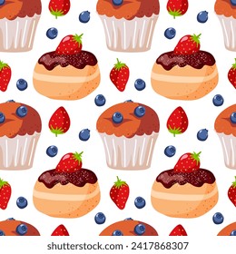 Nahtloses Muster mit Berry Cupcake und Donut. Süßes Essen. Zeichen von Konditorei oder Bäckerei, Café oder Restaurant Menü. Süßigkeiten und Süßigkeiten. Wiederholter Hintergrund für Tapete, Textilien, Verpackung