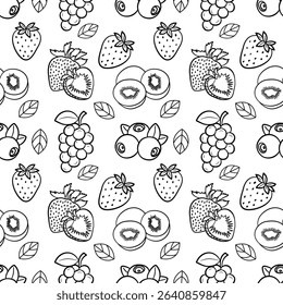 Seamless pattern with berry fruits doodle line art, hand drawn vector illustration design.