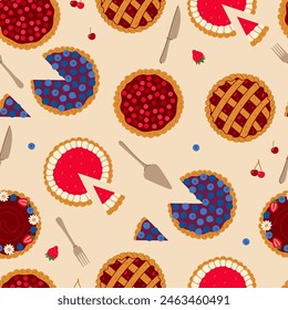 Seamless pattern with berry pies top view. Vector graphics.