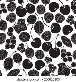 Seamless pattern with berry silhouettes on a white background. Raspberry, blackberry, gooseberry, cherry, currant.