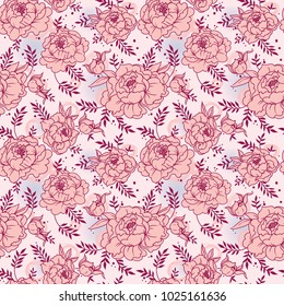 seamless pattern with beutiful peonies in hand drawn style, romantic tender palette, vector illustration