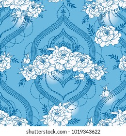 seamless pattern with beutiful peonies and mendi style deorative frames, light blue and white colors, vector illustration