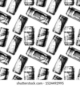 Seamless pattern with beverage can in vintage engraved style on white background. 