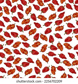 Seamless pattern with Bhut Jolokia ghost chile peppers. Naga jolokia. U-morok. Capsicum chinense. Chili pepper. Vegetables. Cartoon style. Vector illustration isolated on white background.