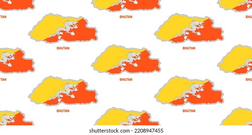 Seamless pattern of BHUTAN country  map  in BHUTAN flag colors.  With the description of the name of the country "BHUTAN".