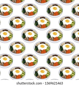 Seamless pattern of bibimbap korean traditional dish with fried egg. Asian cuisine. Colorful vector background.
