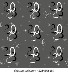 Patrón sin brillo con bicolor número 2023 sobre fondo negro con copos de nieve. Plantilla de estilo para la portada del calendario. Concepto de año nuevo. Material de marketing, concepto de banner de sitio web, medios sociales. 