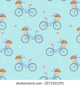 Seamless pattern with bicycle and basket with flowers. 