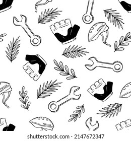 Seamless pattern bicycle elements with hand drawn style. bradawl, helmet and hand gloves vector illustration