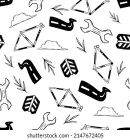 Seamless pattern bicycle elements with hand drawn style. bicycle part, bradawl and branches vector illustration