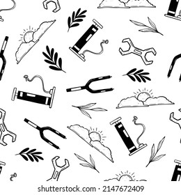 Seamless pattern bicycle elements with hand drawn style. bradawl, air pump and branches vector illustration